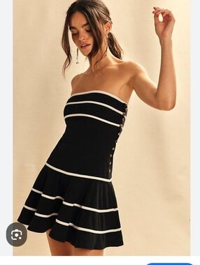 Free People Black & White Strapless Flared Dress